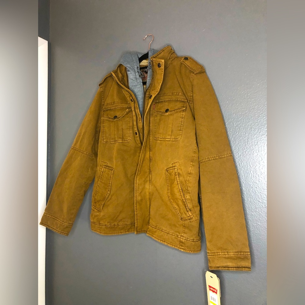 Levi's Military Utility Jacket Faux Shearling Lined Hooded Zip Up Brown Medium